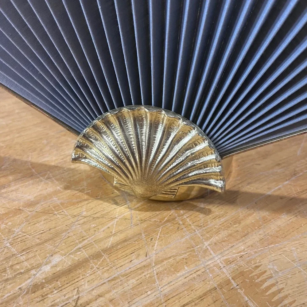 Vtg‎ Hollywood Regency Gold Shell Grey Pleated Fan Votive Candle Holder Art Deco